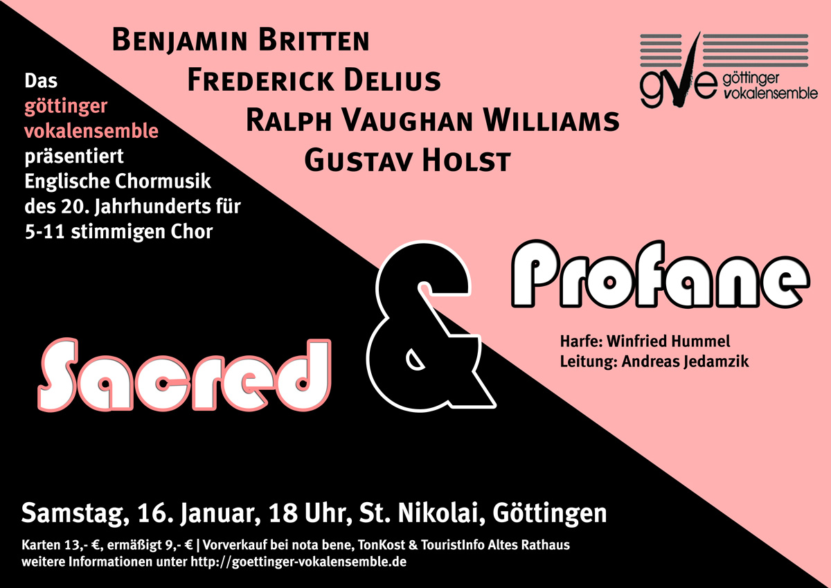 Konzertplakat: A cappella Chorkonzert: „Sacred and Profane“<br />