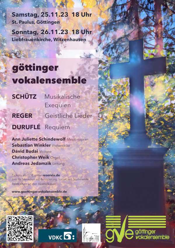Konzertplakat: Duruflé Requiem op. 9 und Schütz Musikalische Exequien SWV 279–281 (op. 7)
